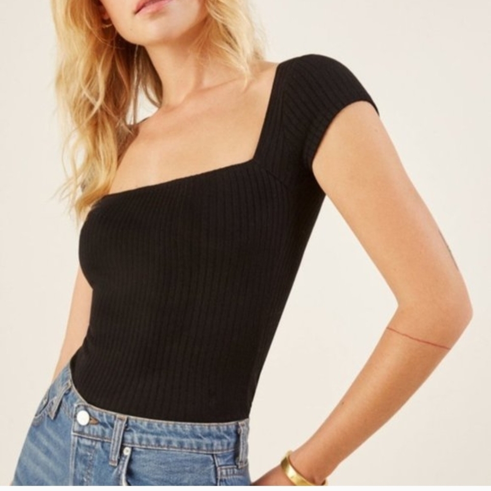 Reformation Black Ribbed Short Sleeve Top